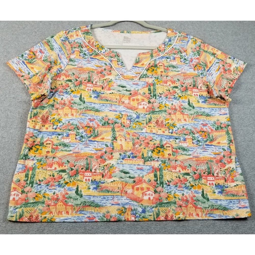 Kim Rogers T Shirt Women's XL Landscape Print Cotton Short Sleeve Resort Sea Top